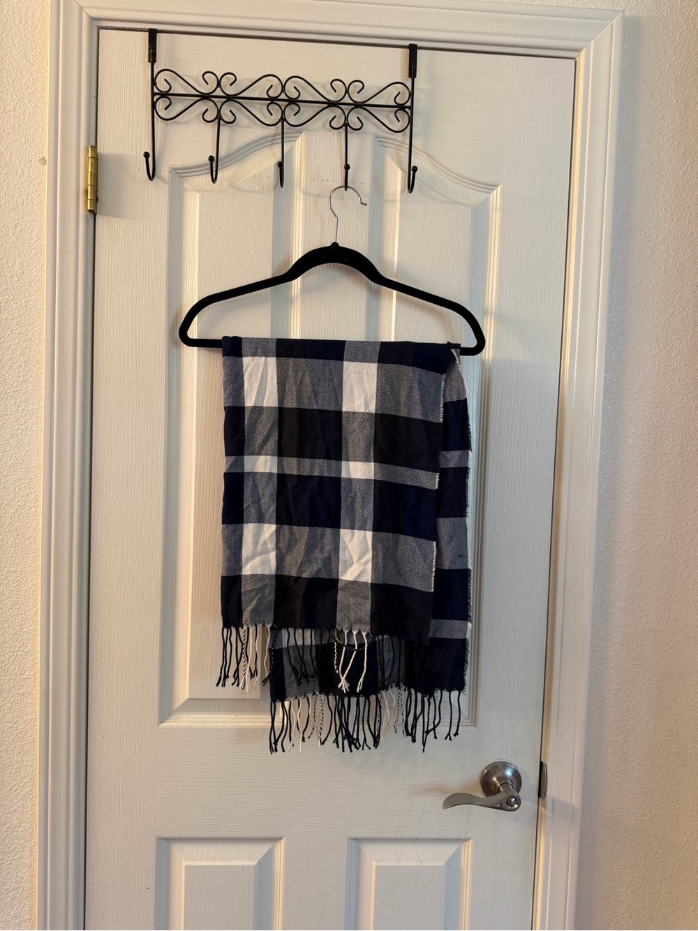 Plaid Fringe Throw Blanket - Navy and White